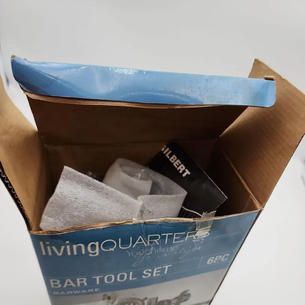 Vintage Living Quarters 6 piece  Bar‎ Tool Set Bamboo Board  Stainless steel